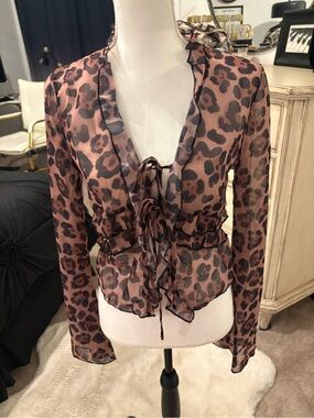 Sheer Leopard-Print Tie-Front Blouse - Brown